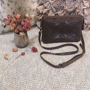 Brown Leather Perforated Boho Small Neutral Crossbody Shoulder Purse Bag